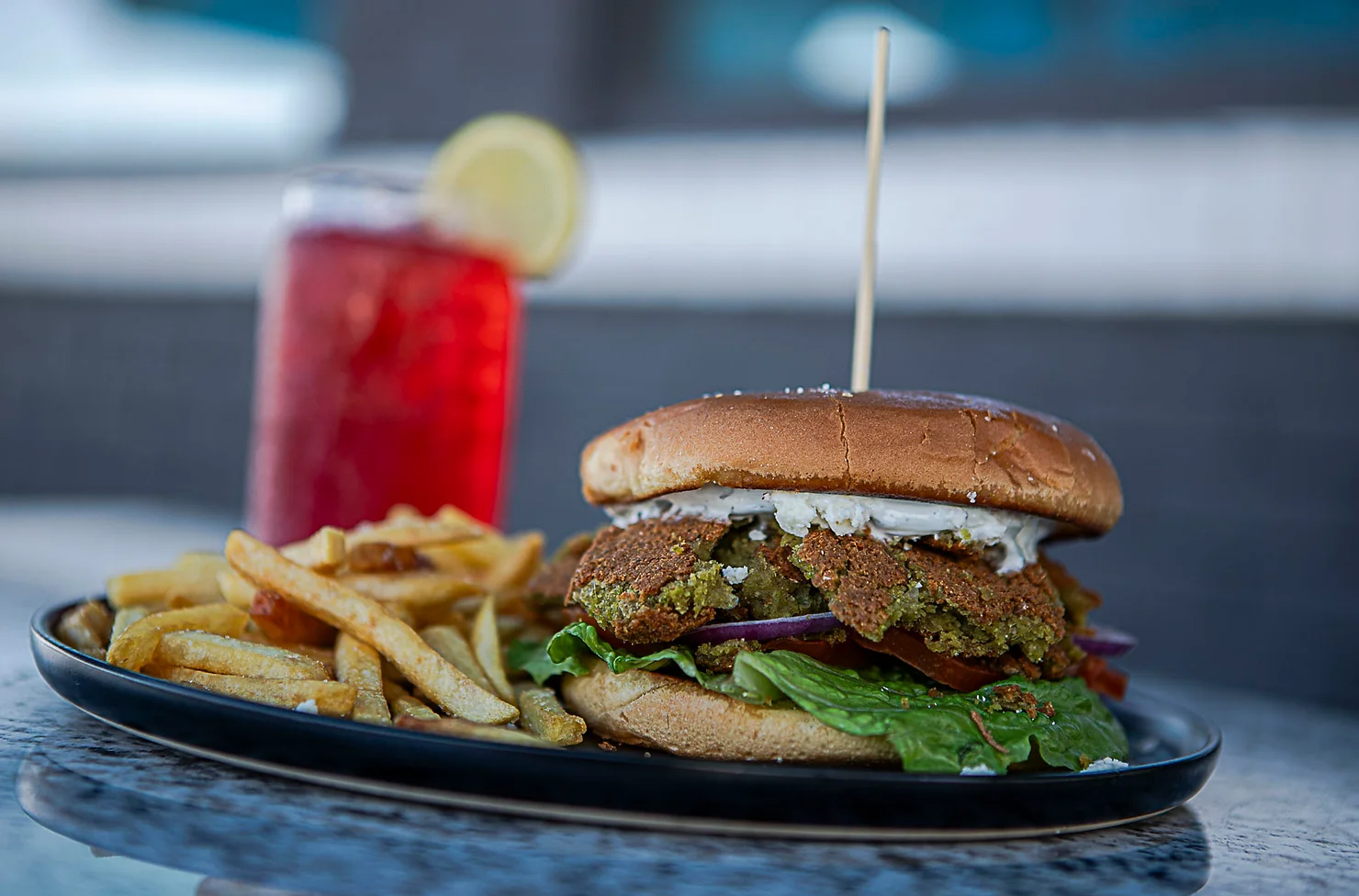 a plate of food and a drink