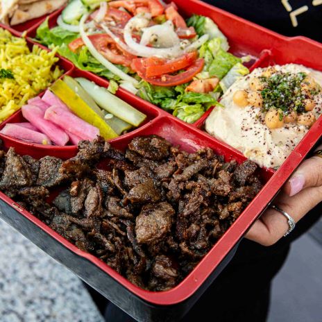 Beef and Lamb Shawarma Plate Choice of protein served with rice, PITA, garlic sauce, salad, hummus, pickles & Turnips at Swift Grill in Fort Pierce and Port St Lucie